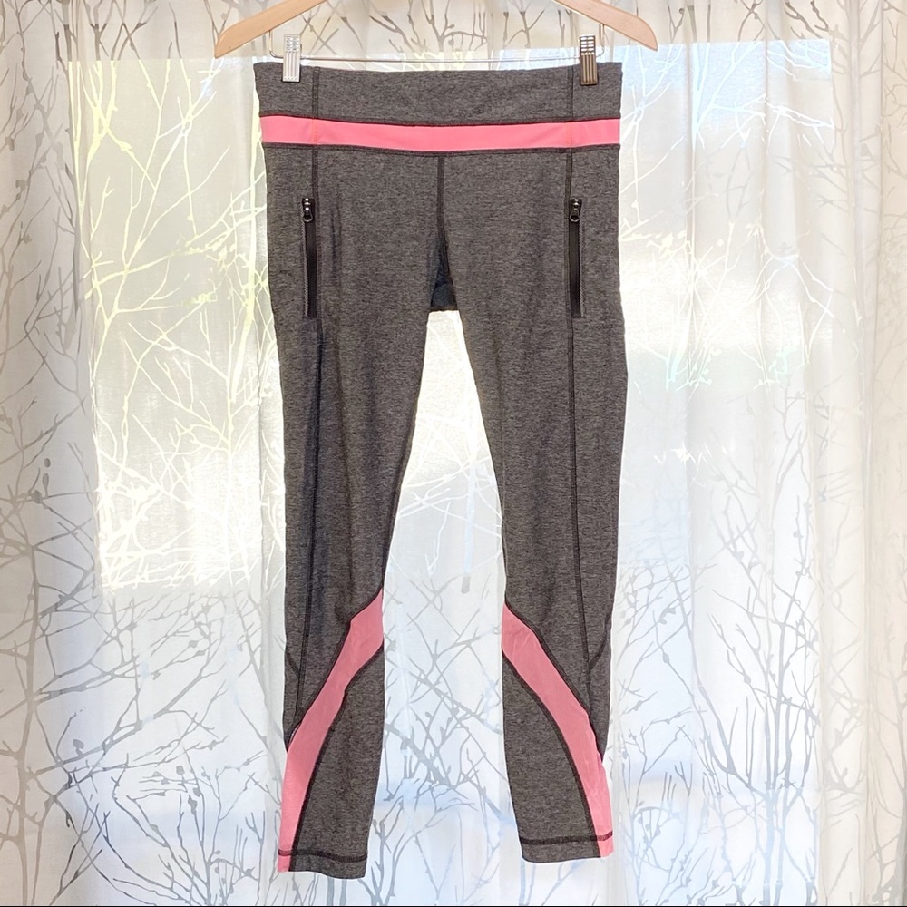 Lululemon inspire tight gray pink mesh ankle stripe leggings side zip pockets